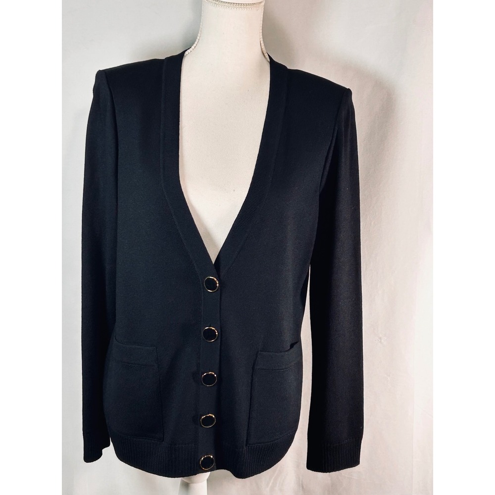 St John Collection Black Santana Knit V-Neck Button Front Cardigan Sweater L
